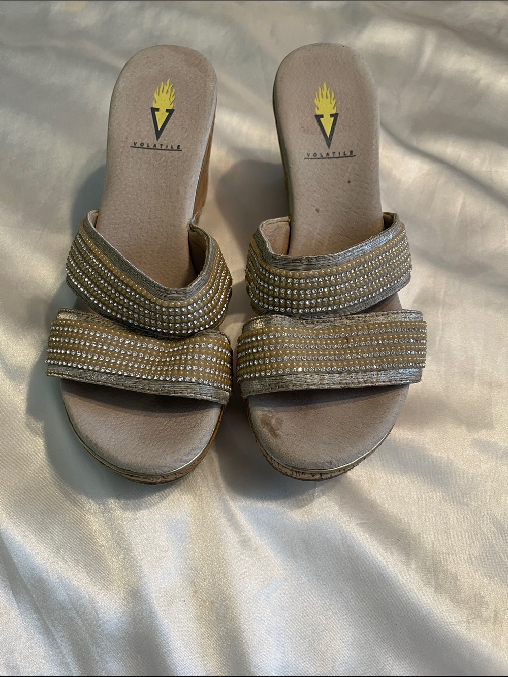 Volatile Metallic Gold Beaded Double-Strap Mules